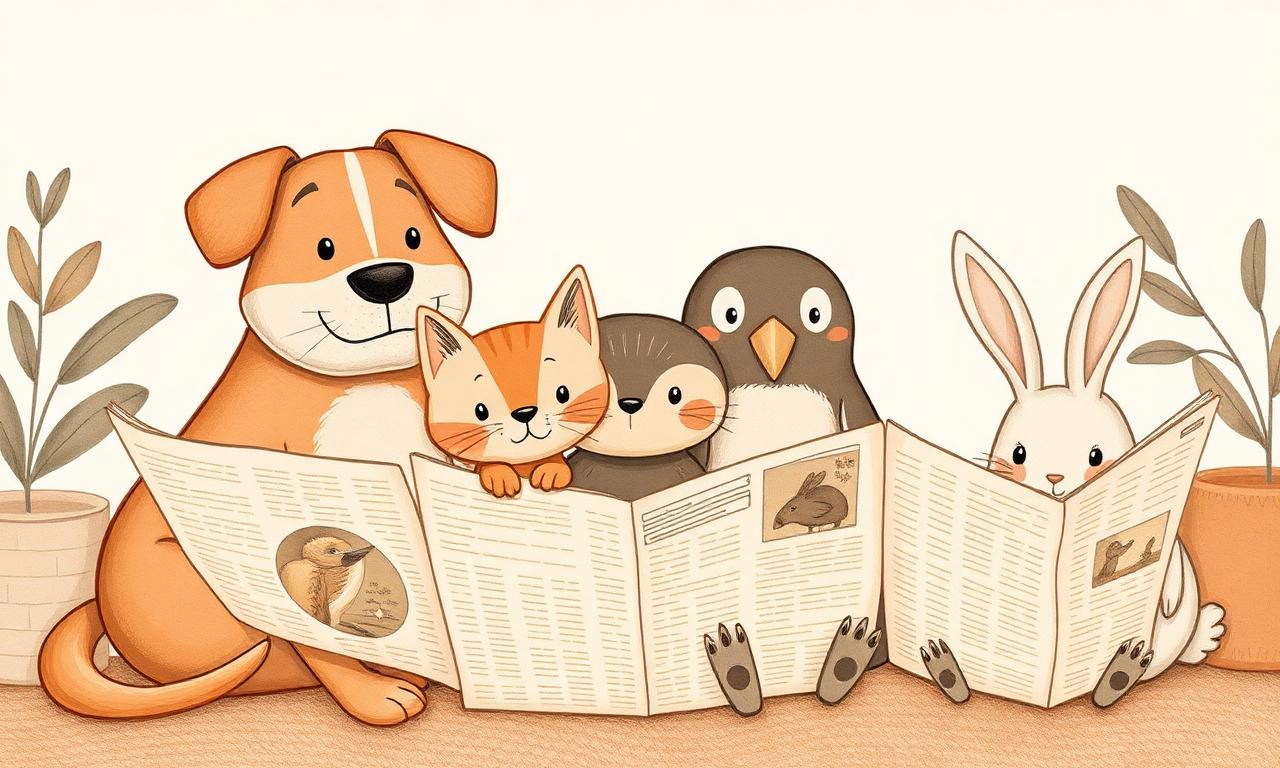 Cozy illustration of pets reading the news together